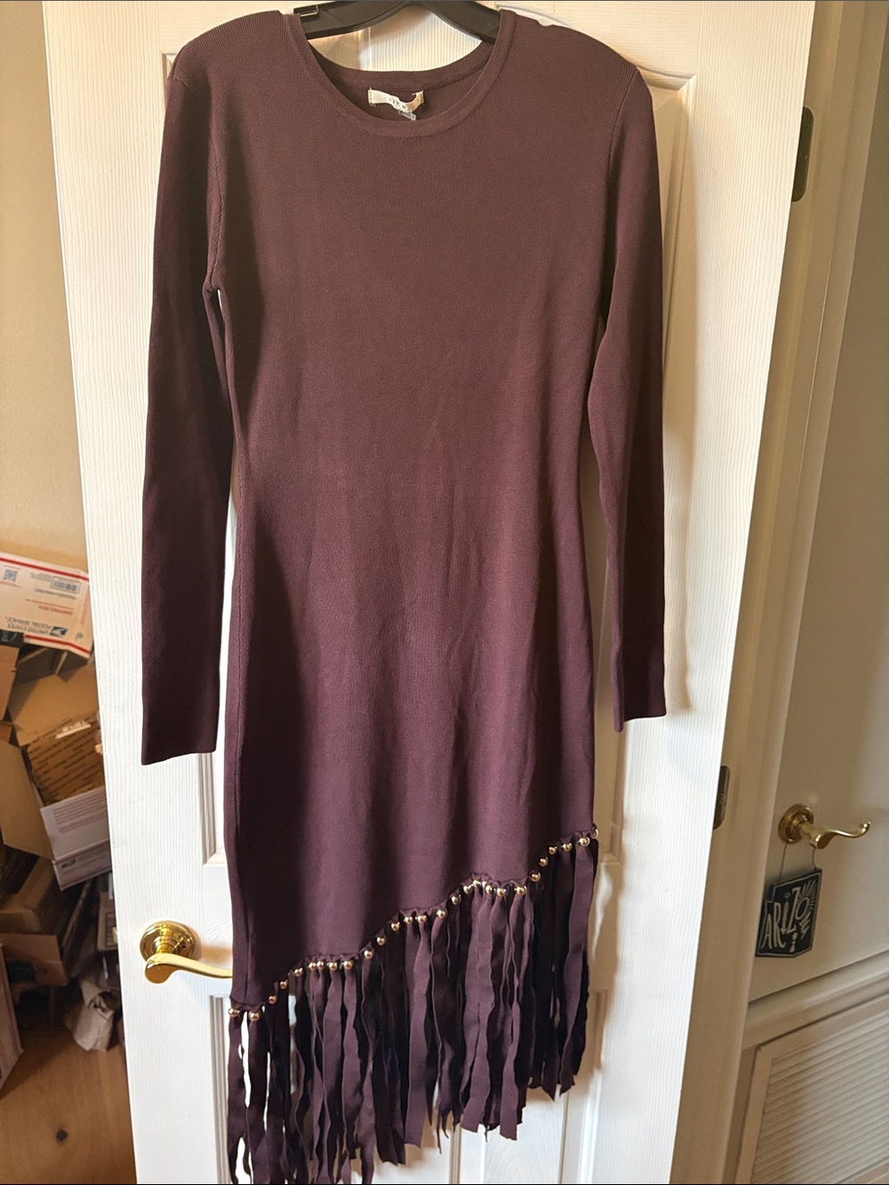 Rivir Dark Brown Dress with Gold Knobs & Asymmetrical Hemline with Fringe size L